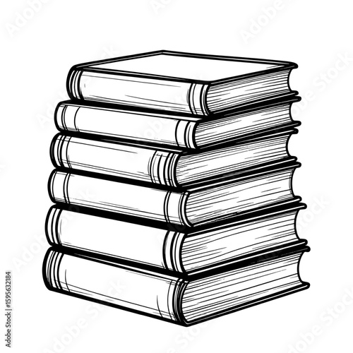 A stack of books, silhouetted black and white drawing. Vector illustration. Books are isolated on a white background. Theme schools, libraries, bookstores