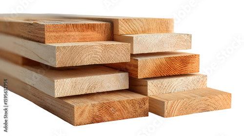 A stack of several pieces of light colored lumber showing the wood grain on the ends of the boards