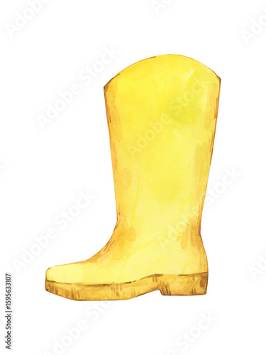 Watercolor illustration of a yellow rubber boot isolated on a white background. The boot has a tall design and a flat sole, showcasing a simple and clean style.