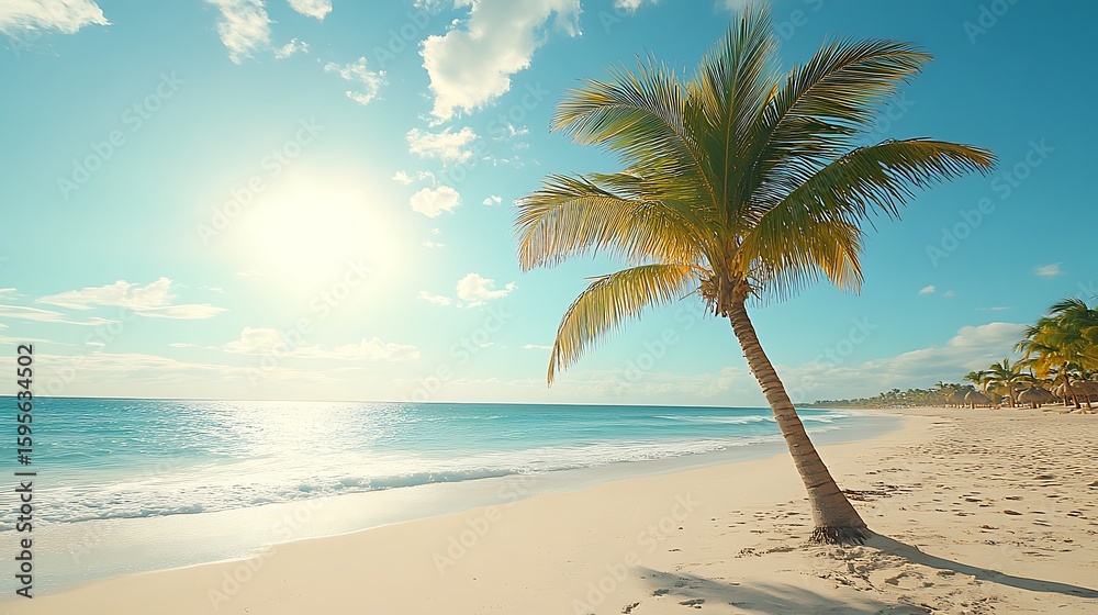 Obraz premium Sunny beach scene with a lone palm tree.