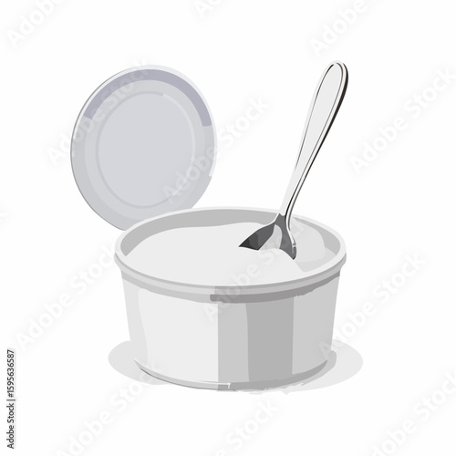 Ice cream tub with spoon – Open tub with spoon dipped inside, ice cream slightly melting.
