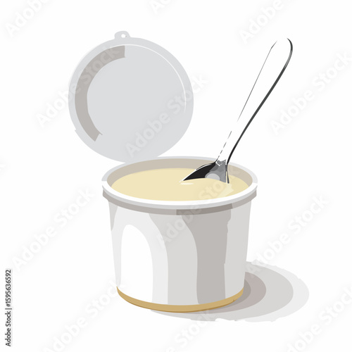 Ice cream tub with spoon – Open tub with spoon dipped inside, ice cream slightly melting.
