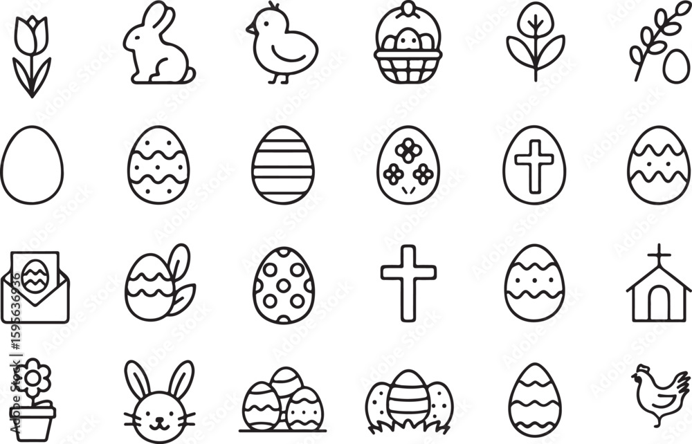 Fototapeta premium Easter icons featuring tulips rabbits chicks baskets eggs crosses churches and flowers holiday