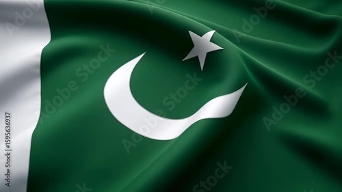 Close up view of the  national Pakistan flag with a white crescent moon and a five pointed star