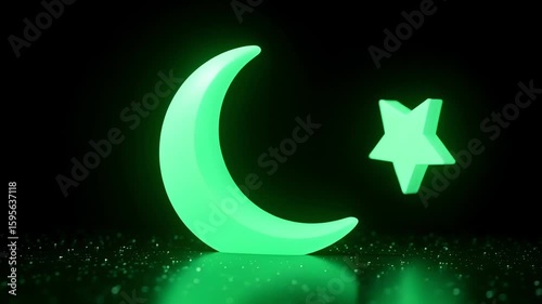 Glowing crescent moon and star decoration on a reflective surface in a dark setting view photo