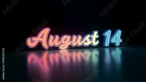 August fourteenth neon sign with pink and blue light on a reflective dark surface background