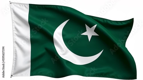 A waving pakistan flag with a white crescent moon and star on a green field isolated on white
