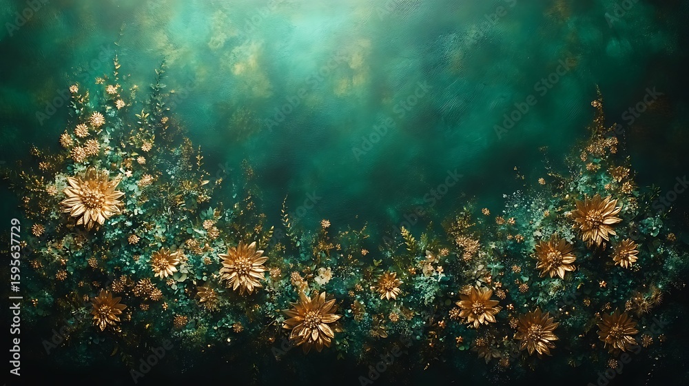 Obraz premium Lush floral arrangement in teal and gold tones.