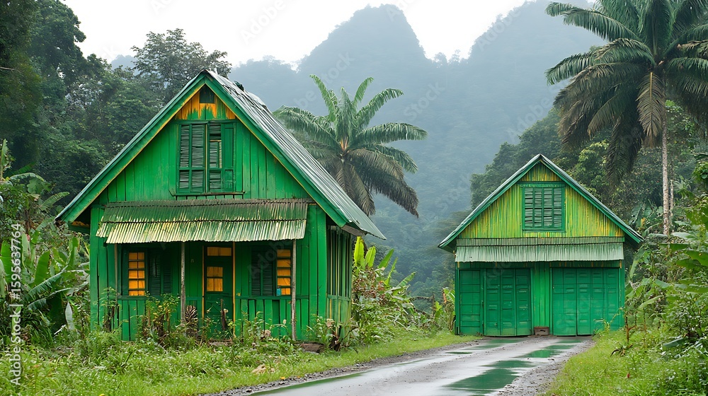 Obraz premium Two vibrant green buildings stand in a lush tropical landscape.