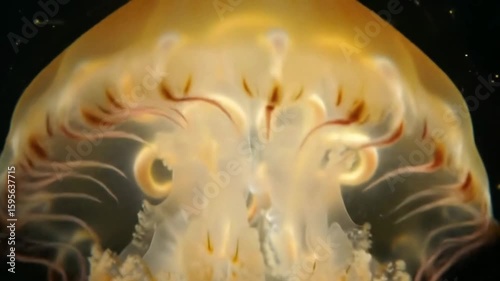 Glowing yellow jellyfish illuminate the dark ocean, their transparent bodies creating an abstract, aquatic pattern underwater