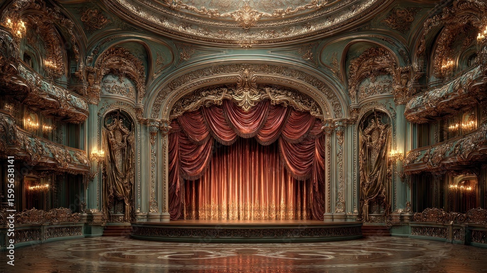 Obraz premium Opulent Grand Theatre Stage with Ornate Details and Rich Red Curtains