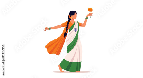 A graceful Indian woman, in a tricolor sari, dances, holding a marigold flower.