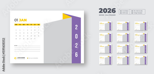 2026 desk calendar design template | Week starts on Monday | 12-month planner for work or study | Printable, editable vector layout for office use