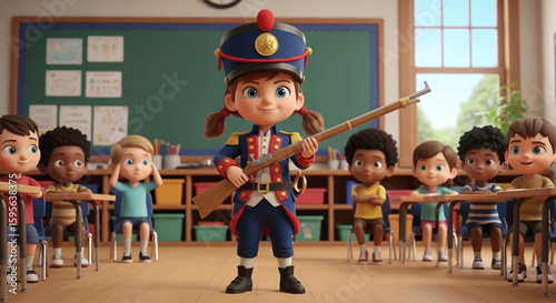 A young girl, dressed as a historical soldier, presents a musket to a classroom of attentive elementary school children.