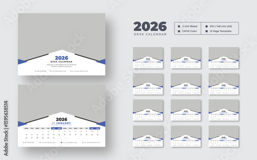 Editable desk calendar 2026 | 12-month table planner layout | print-ready vector template for office and personal organization use