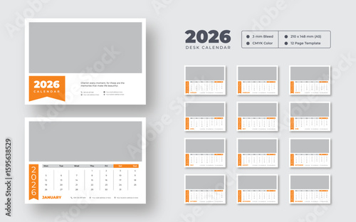 2026 modern desk calendar | Printable monthly planner | Week starts on Monday | Editable vector template for digital or print use