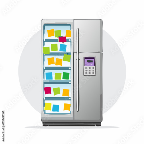 Fridge with sticky notes – Refrigerator door covered in colorful reminders and magnets.
