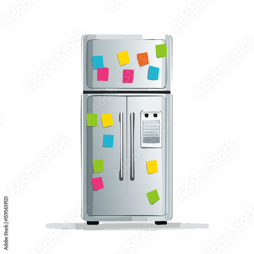 Fridge with sticky notes – Refrigerator door covered in colorful reminders and magnets.
