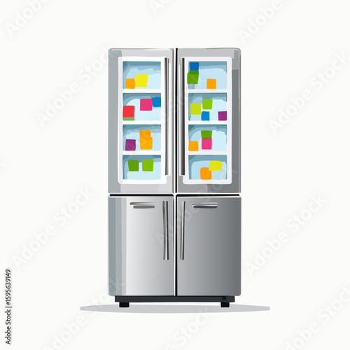 Fridge with sticky notes – Refrigerator door covered in colorful reminders and magnets.
