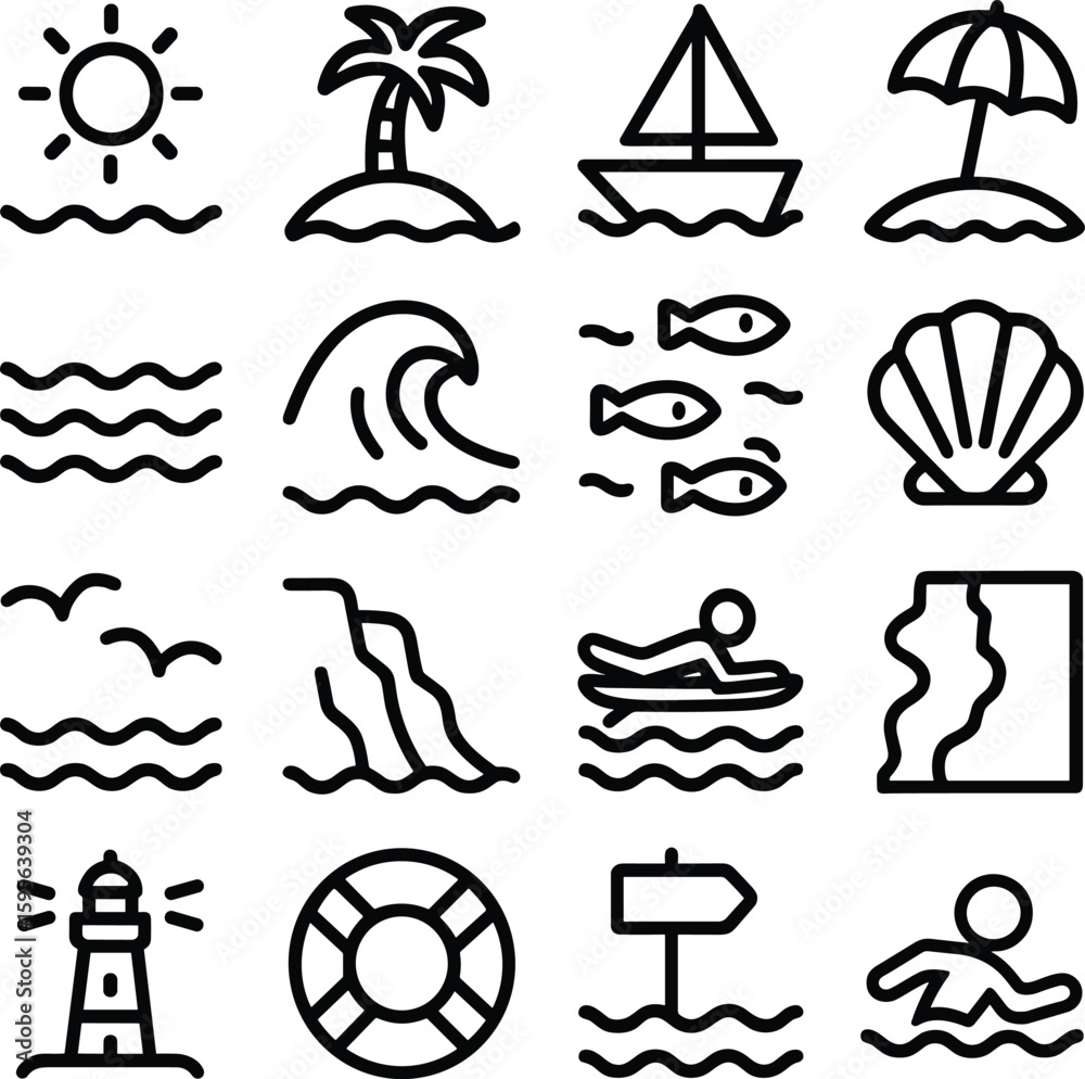 Fototapeta premium Minimalist Line Art Beach Holiday Summer Vacation and Coastal Icons