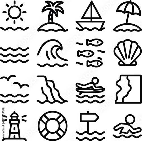 Minimalist Line Art Beach Holiday Summer Vacation and Coastal Icons