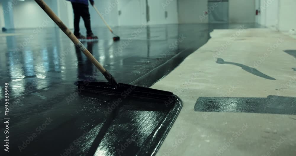 Workers using large squeegee and rollers to apply a dark epoxy coating to a concrete floor indoors