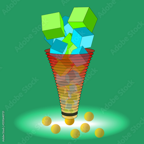 An illustration of a translucent ribbed funnel with green and blue cubes falling into it which are being transformed into gold balls.