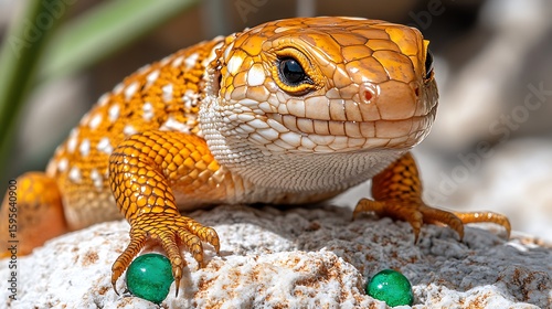 Close-up of a speckled lizard on a rock.