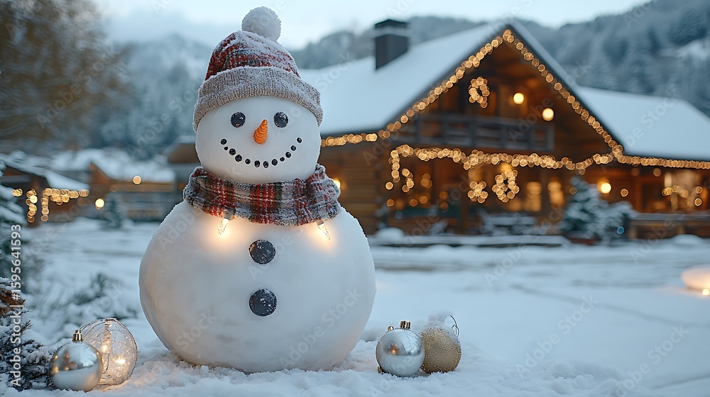 Obraz premium Festive snowman standing in the snow outside a cozy log cabin.