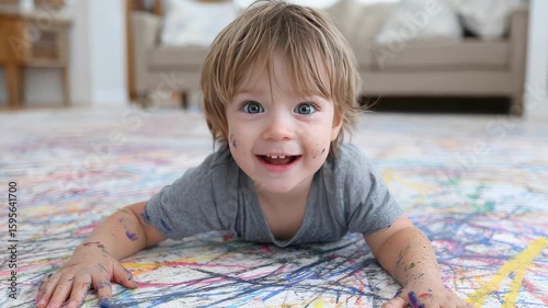 Colorful toddler and child with paint on hands lying on vibrant floor
