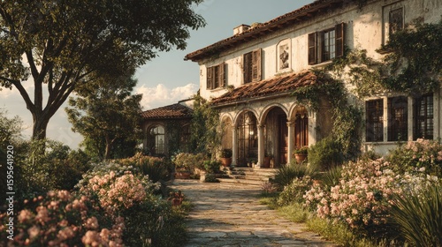 Enchanting italian villa with blooming gardens and sun-drenched stone pathway