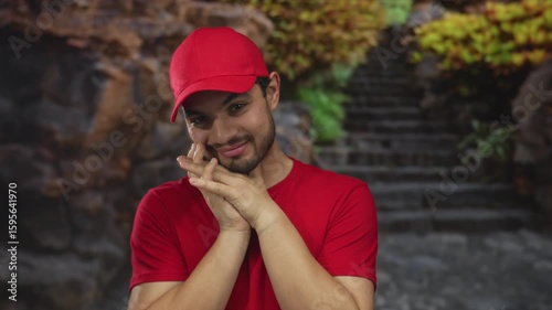 Man with smiling face and clasped hands and red cap in forest by stone stairs; optimism hope confidence planning.