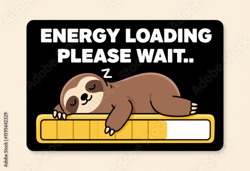 A flat illustration of a sleeping sloth on a battery with an energy charging level scale with the inscription Energy loading please wait. Vector graphics. EPS.