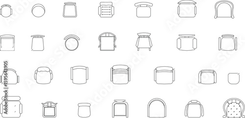 a grid of various vector diagrams of single chairs and stools, presented in a top-down, minimalist line art style.