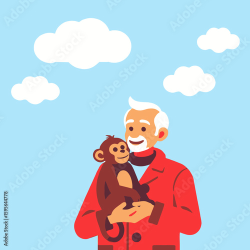 Cartoon Man with Monkey Illustration - Cute Animal Friendship Graphic - Happy Elderly Character with Pet Monkey - Blue Sky and Clouds Background