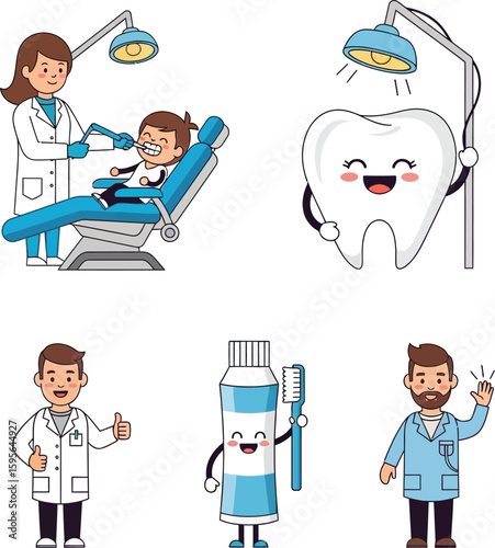 Cartoon illustration of a dentist, a child patient, a happy tooth, and dental hygiene products.