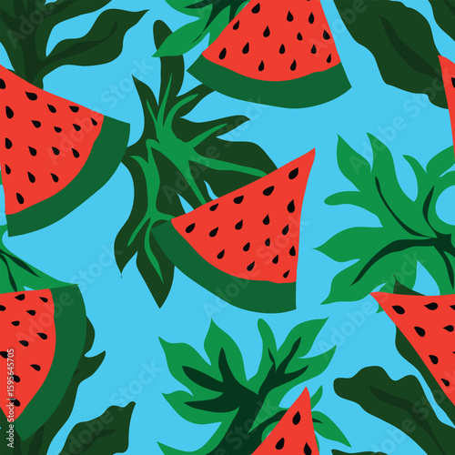watermelon slices with big leaves seamless pattern. Good for fabric, textile, wrapping, decorations and fashion prints.