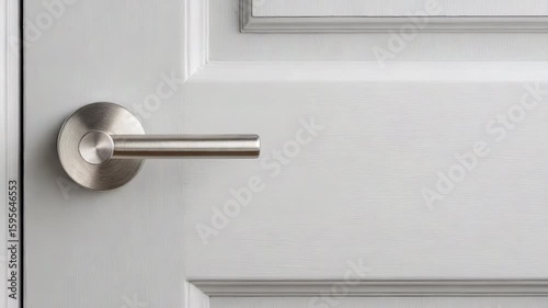 Modern silver metal door handle on white wooden door with panel design