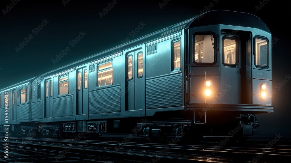 Obraz premium Subway train on the tracks at night with illuminated windows and headlights