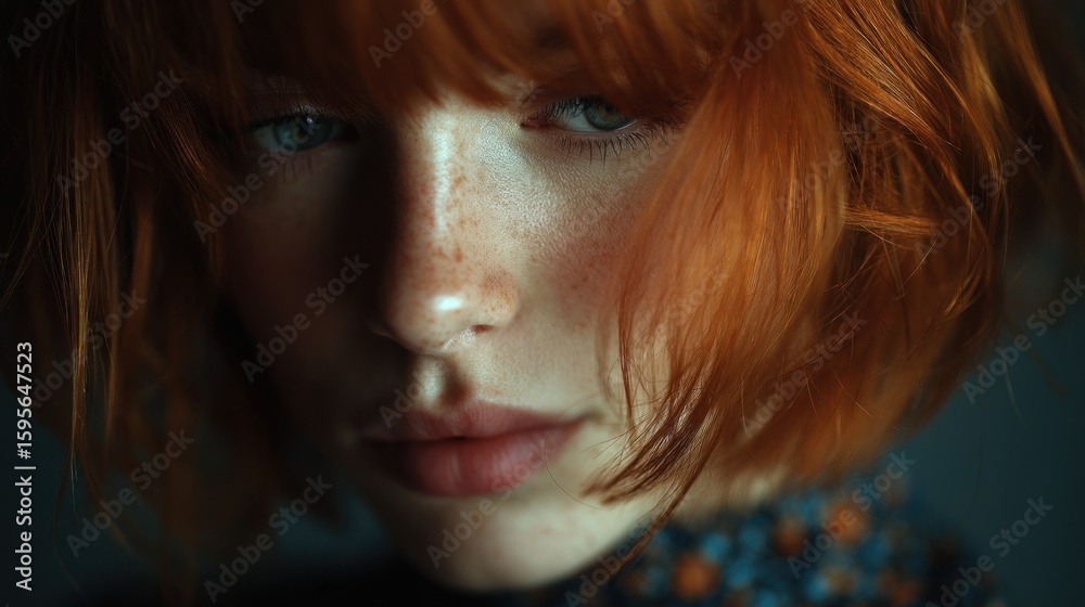 Fototapeta premium Striking Portrait of a Woman with Fiery Red Hair and Piercing Gaze