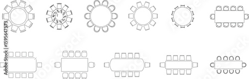 a set of vector diagrams illustrating different table and chair arrangements, each with approximately 10 chairs. The top row shows various circular table configurations, while the bottom row presents