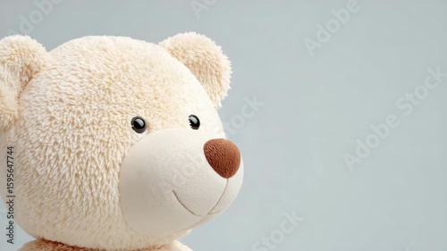 Soft plush teddy bear toy with beige color and cute black eyes smile