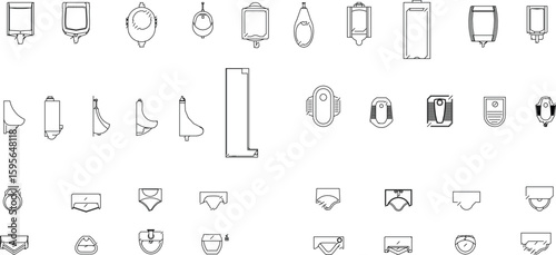 collection of urinal vectors and toilets, presented in a clean, minimalist outline format.