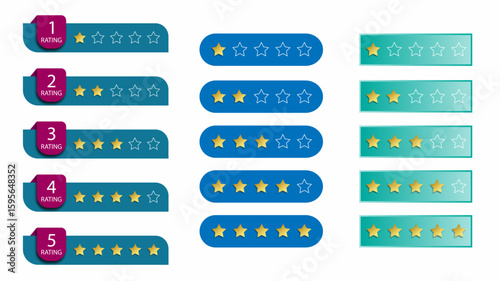 A collection of colorful star rating icons from 1 to 5 stars in various styles.