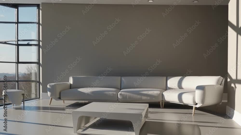 Contemporary living space with expansive window and sleek white furnishings, 3D visualization