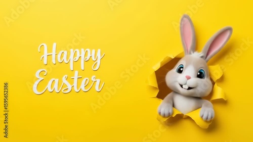 Happy Easter! Adorable 3D Bunny Peeking Through Yellow Paper