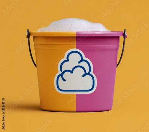Foam Bucket: a vivid display with a colorful bucket, full of fluffy foam, perfect for cleaning or household tasks against a colored backdrop.