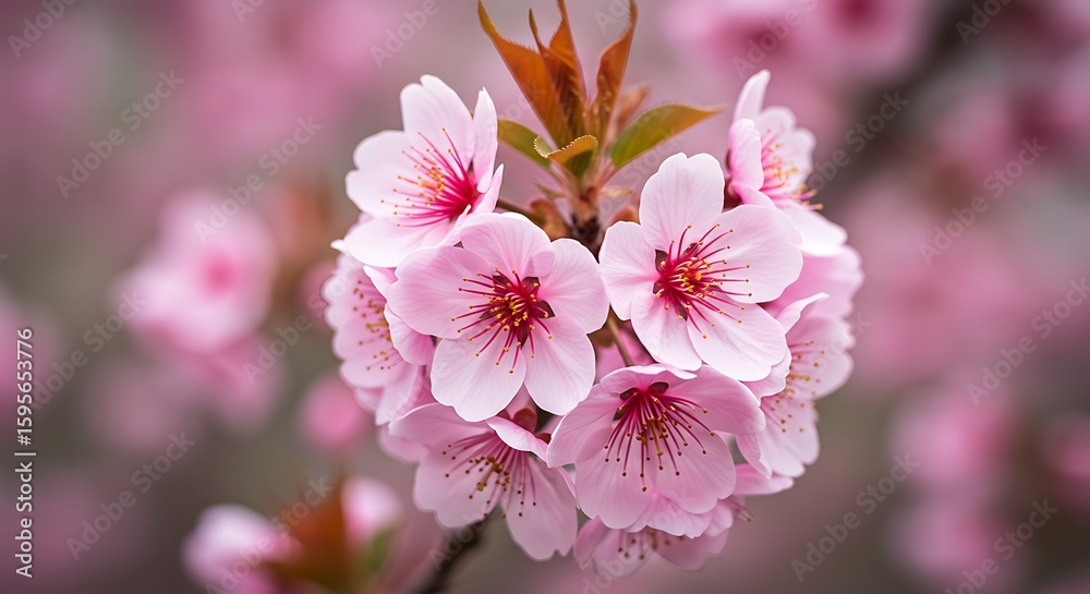Fototapeta premium Blossom Cluster in Spring: A close-up showcases a delicate cluster of pink blossoms, their petals radiating soft beauty and highlighting the essence of spring.