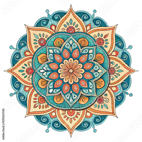 "Hand-drawn mandala with floral and geometric patterns in teal, coral, and yellow tones on white background. Perfect for boho decor, meditation art, henna design, and spiritual illustrations."