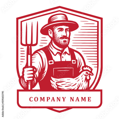 Vintage-style red and white badge logo featuring a chicken farmer proudly holding a pitchfork. Classic line art and strong composition evoke tradition, resilience, and agricultural heritage.
